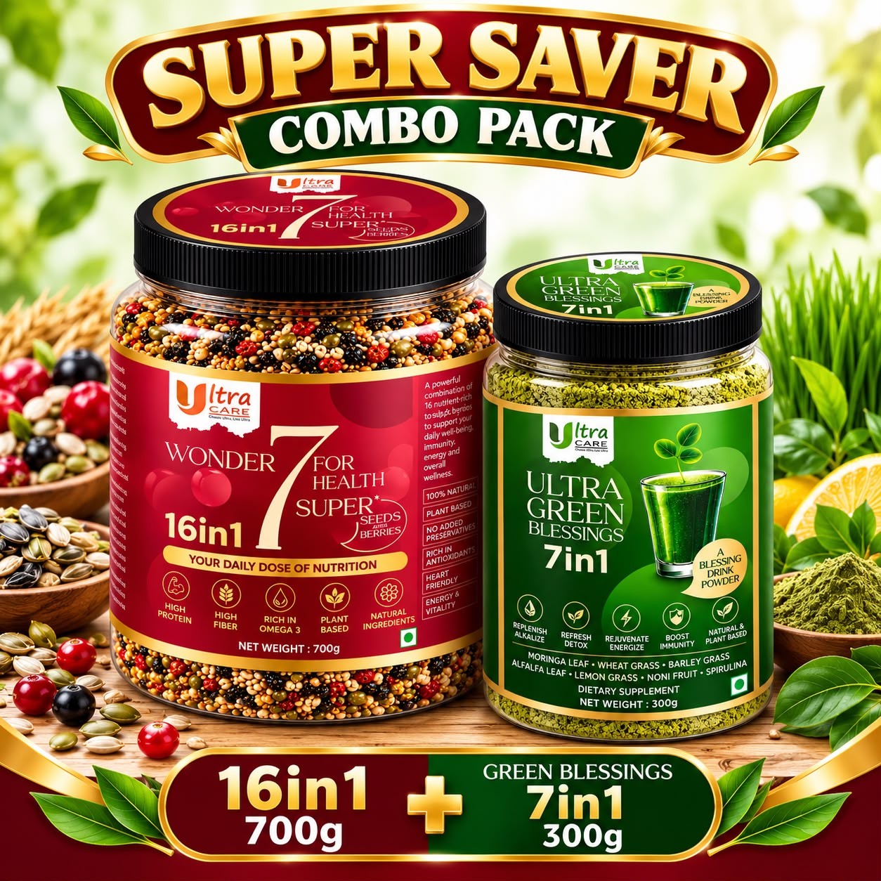 Combo Super Seeds with Berries 16 in 1 (700 g) + Ultra Green Blessings (300 g)