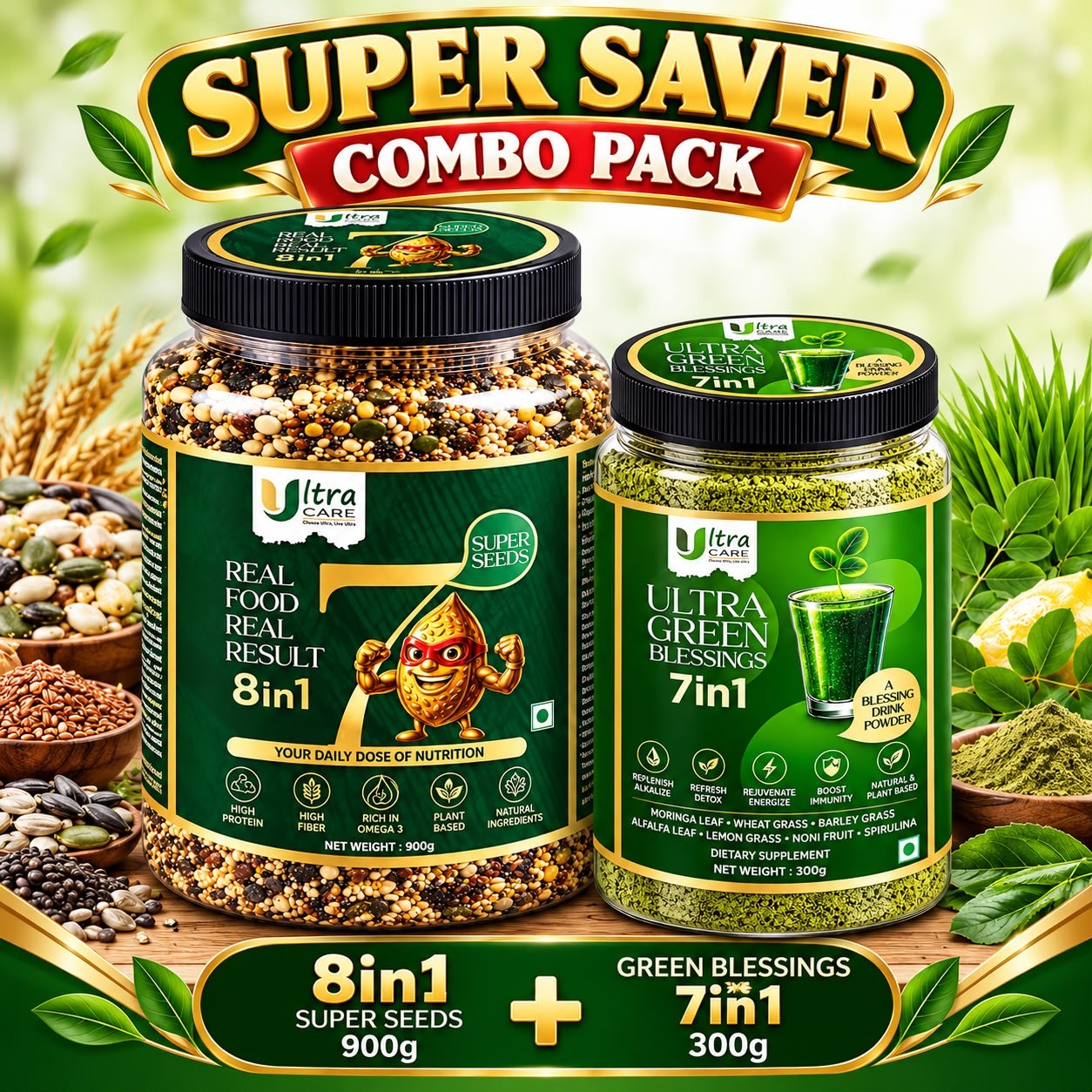 Combo Super Seeds 8 in 1 (900 g) + Ultra Green Blessings (300 g)